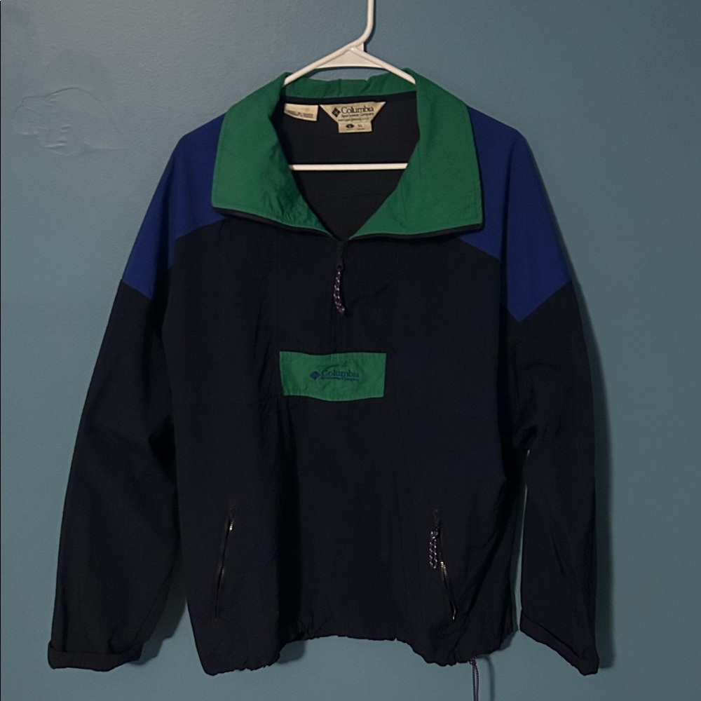 90s Columbia Black and Blue Pullover with Green Accents